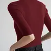 Top Slim Fit de Algodão de Seda Amora Marrom Escuro Lã de Cordeiro Chegada Nova Outono 2026 Gola Semi Alta Manga Três Quartos Camisa Base de Tricô
