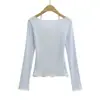 8750-26 Outono Estilo Desejo Puro Renda Sexy Patchwork Falso Duas Peças Torcido Manga Longa Camiseta Cintura Marcada Cropped
