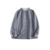 Camisa Top de Manga Larga de Algodón y Lino Simple Estilo Japonés con Bloques de Color, Cuello Mao con Volantes, Artística para Ir al Trabajo, Cuadros Teñidos con Hilo