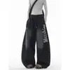Calça Jogger Casual Wide-Leg Retro Americana 2025 Lavada Hip-Hop com Barra Curva Estampa de Letras Jazz Desgastada