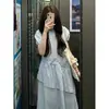 Vestido azul suave de estilo coreano con mangas abullonadas para mujer, nueva colección verano 2026, con cintura de cordón y falda midi de volantes