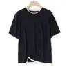 Estilo Capas Secuencial Simple Elegante para el Trabajo Camiseta de Punto Manga Corta 100% Lyocell Falsa de Dos Piezas Cuello Redondo Top con Bloques de Color Verano