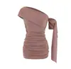 Vestido Mini Sexy Puro de Manga Curta e Um Ombro com Design de Fita para Mulheres Baixas, Vestido Bodycon Franzido para o Verão