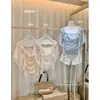 Blusa de Gasa Estilo Coreano con Retazos y Mangas Volantes Hombros Descubiertos para Verano 28562