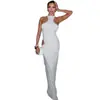 Vestido feminino simples estilo europeu e americano, cor sólida, modelador, sem mangas, vestido justo ao corpo, gola alta, com recortes, vestido longo versátil