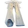 Jeans retro americanos con salpicaduras de tinta y efecto desgastado para hombre, pantalones rectos de pierna ligeramente acampanada, lavados vintage de moda para primavera