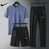 Traje Deportivo Casual de Seda de Hielo para Hombre, Nuevo Estilo de Verano, Camiseta Fina de Manga Corta, Pantalones Cortos, Conjunto de Tres Piezas de Secado Rápido para Correr