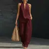 Conjunto de Dos Piezas de Verano Nuevo para Mujer, Top Halter de Color Sólido con Escote en V y Espalda Descubierta y Pantalones de Pierna Ancha, Europeo y Americano, Transfronterizo