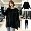 Conjunto de yoga com top de manga longa, duas peças de corte solto, design com fenda, secagem rápida, respirável, plus size, capa fitness modeladora e calça de yoga