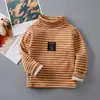 Camiseta Básica Espessa com Listras e Forro de Fleece para Crianças, Gola Alta, Gola Média, Peça Única, Gola Meio Alta, Manga Longa para Meninos e Meninas