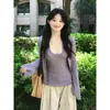 Chegou: Cardigã de tricô de outono, top cropped fino de manga longa feminino, design roxo, conjunto de duas peças