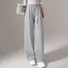 Calça Cinza Estreita de Perna Larga Feminina Primavera Outono Cintura Alta Fluida Emagrecedora Calça Banana 2026 Nova Casual Perna Reta Roupa Esportiva