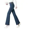 Jeans acampanados de cintura elástica hechos a medida para mujer, nuevo modelo primavera/otoño 2026, de tiro alto, elásticos, con costuras de contraste, versátiles