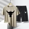 Roupa Esportiva Casual da Moda Masculina Secagem Rápida Tamanho Grande Conjunto de Duas Peças Verão Seda de Gelo Camiseta Shorts Venda Direta da Fábrica