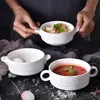 Cuenco Redondo de Cerámica Blanco Puro Cuenco para Arroz Hogareño Niños Bebé Cuenco para Huevo al Vapor Cuenco de Sopa Japonés con Doble Asa Taza de Sopa Occidental Cuenco para Postre