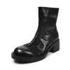 Botas femininas curtas de couro bovino de camada superior com efeito desgastado, novas para outono e inverno, couro genuíno, bico redondo, zíper lateral, salto grosso médio