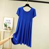 Vestido de Verão Estilo Coreano Fino de Modal Manga Curta Comprimento Médio Saia Plissada Feminino Gola Redonda Saia Grande Saia Base Tamanho Grande