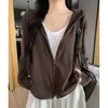 Sudadera con Capucha Marrón Estilo Coreano para Mujer Otoño 2026 Nuevo Estilo Petite Versátil Holgada Adelgazante Casual Manga Larga