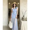 Exquisito y hermoso vestido de tul azul en tonos azules, estilo francés, nuevo 2026, de hombros descubiertos, transparente, línea A