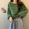 Camiseta de Punto Base Manga de Linterna Rojo Rosa para Mujer, Nuevo Estilo Otoño Temprano, Conjunto de Suéter Corto Holgado, Top Primavera Otoño