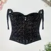 Top de lencería de lujo con base de malla de encaje de alta densidad para mujer, con lentejuelas brillantes, soporte para ceñir la cintura y corsé con ballenas francesas