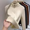 26 Suéter de Punto Nuevo para Mujer Otoño/Invierno con Media Cremallera y Forro de Felpa, Cuello Semi-Alto Cálido, Camisa Base de Hombro Regular