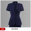 Traje de dos piezas para mujer con blazer azul de manga corta y cuello de solapa pequeño, falda, traje completo de comercio exterior al por mayor para mujer