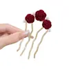 Novo Pente de Cabeça Chinoiserie com Quatro Dentes Grampo de Cabelo Rosa Vermelha Grampo de Cabelo em Forma de U Acessórios de Cabelo Estilo Antigo Feminino Pente de Cabelo de Pérola de Alta Qualidade