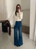 Design retrô estilo coreano, novos jeans de perna larga, cintura alta e que afinam, fáceis de combinar com qualquer roupa