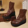 Botas Cortas de Invierno Nuevas y Elegantes Guangzhou Huigu 2025 Piel de Vaca Lavada Tendencia Suela Gruesa Punta Redonda Versátiles Botas de Cuero Genuino para Mujer