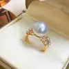 Acessórios de Prata S925 Anel de Pérola com Três Zircônias de Camada Dupla Amarelo e Branco Duas Cores Foto com Contas de 10-11mm Não Incluídas