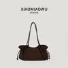 Bolso tote de ante plisado con cordón estilo retro, bolso de mano casual de alta gama para el trabajo, bolso de hombro para mujer de gran capacidad