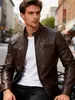 2026 Nueva Chaqueta de Cuero PU para Hombre Cuello Alto Chaqueta de Motociclista Corte Ajustado Abrigo Casual Moda Primavera y Otoño Chaqueta de Cuero para Hombre
