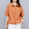 2026 Blusa Plissada Feminina Verão Nova Moda Solta Redutora de Idade Gola Lapela Fechamento Duplo Camisa Casual Versátil