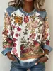 Sudadera con Cuello de Mezclilla Estampado 3D Bloques de Color Estilo Europeo y Americano 2026 para Mujer, Jersey de Manga Larga, Holgada Casual para Vacaciones Transfronterizas