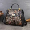 Bolsa de Mão Bordada Floral Retro de Nova Importação Patchwork de Couro Genuíno Elegante para o Dia a Dia Feminina Ombro Único Transversal Bolsa Kelly