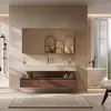 Gabinete de Baño Inteligente de Roble y Nogal de Lujo Ligero con Lavabo Integrado de Cerámica sin Costuras y Encimera Juego de Baño