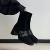 Botines Cortos Ajustados para Mujer con Tacón Alto, Estilo de Nicho, Punta Cuadrada, Diseño Elástico Elegante, Estilo Británico y Hebilla de Cinturón