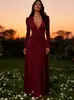 25 Novedades Otoño e Invierno Amazon Europeo y Americano Exportación Transfronteriza Elegante Vestido de Noche de Manga Larga con Escote en V Profundo Elegante Vestido de Cintura Alta