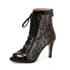 Sandalias de Tacón Alto de Comercio Exterior Talla Grande 2023 Botines de Malla Zapatos Casuales de Verano Sandalias Boca de Pez Cierre Frontal de Cordones 4046 Malla Negra
