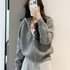 Casaco de malha com capuz e zíper duplo, estilo coreano casual, com estampa ondulada, para mulheres, caimento solto e afina a silhueta, adequado para primavera e outono, cardigã de tricô