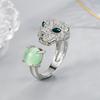 Anillo de Temperamento Completamente Diamantado Cálido y Suave Cabeza de Leopardo de Jade Verde con Anillo de Cabeza de Leopardo Abierto Anillo de Jade para Mujer