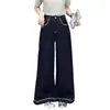 Calça Jeans Wide Leg Bordada Azul Denim para Mulheres 2026 Cintura Alta Comprimento Total Modeladora e Moldadora para Figuras Baixas Calça Longa