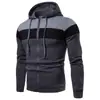 Moletom com capuz de blocos de três cores estilo europeu para homens, jaqueta com zíper slim fit para outono/inverno, roupas masculinas da moda europeia e americana