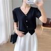 Shanli Dadi Estilo Chanel Decote V Manga Lanterna Cardigan Tricotado Feminino Manga Curta Verão Fino Elegante
