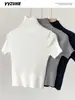 Camiseta de Malha Básica Manga Curta Gola Meia-Alta Preta para Mulheres Primavera e Verão Nova Moda Slim Fit Versátil