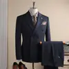 Terno Formal Masculino de Luxo com Lapela Notch, Lã Resistente a Amassados Risca de Giz, Terno para Noivo, Terno Masculino Texturizado de Três Peças