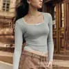 Moda Sexy Sexy Europeia e Americana para Exportação Blusa Top Feminino de Renda com Costura de Laço Gola Quadrada Manga Longa Slim