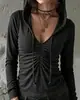 2026 Nueva Sudadera con Capucha y Escote en V de Manga Larga, Otoño Plisada Ajustada Corta Retro Americana Top de Chica Popular Ropa para Mujer