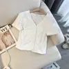 Toma Real de Camiseta de Diseño de 4 Colores con Cuello en V Corto para Mujer, Corte Ajustado, Versátil, Manga Corta, Sin Cierre, Algodón Puro